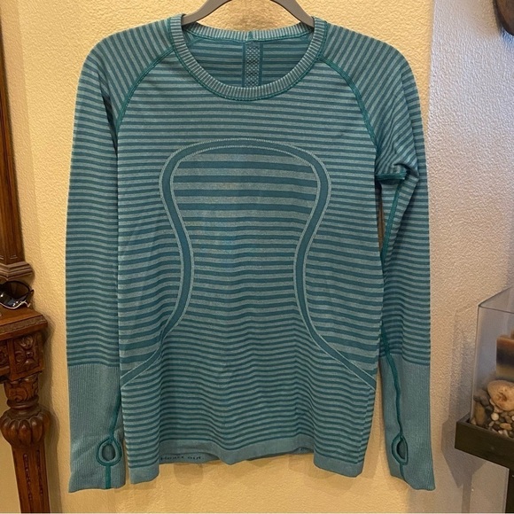LULULEMON Women Teal Striped Swiftly Tech Long Sleeve Athletic Top Size 10 - Picture 1 of 6
